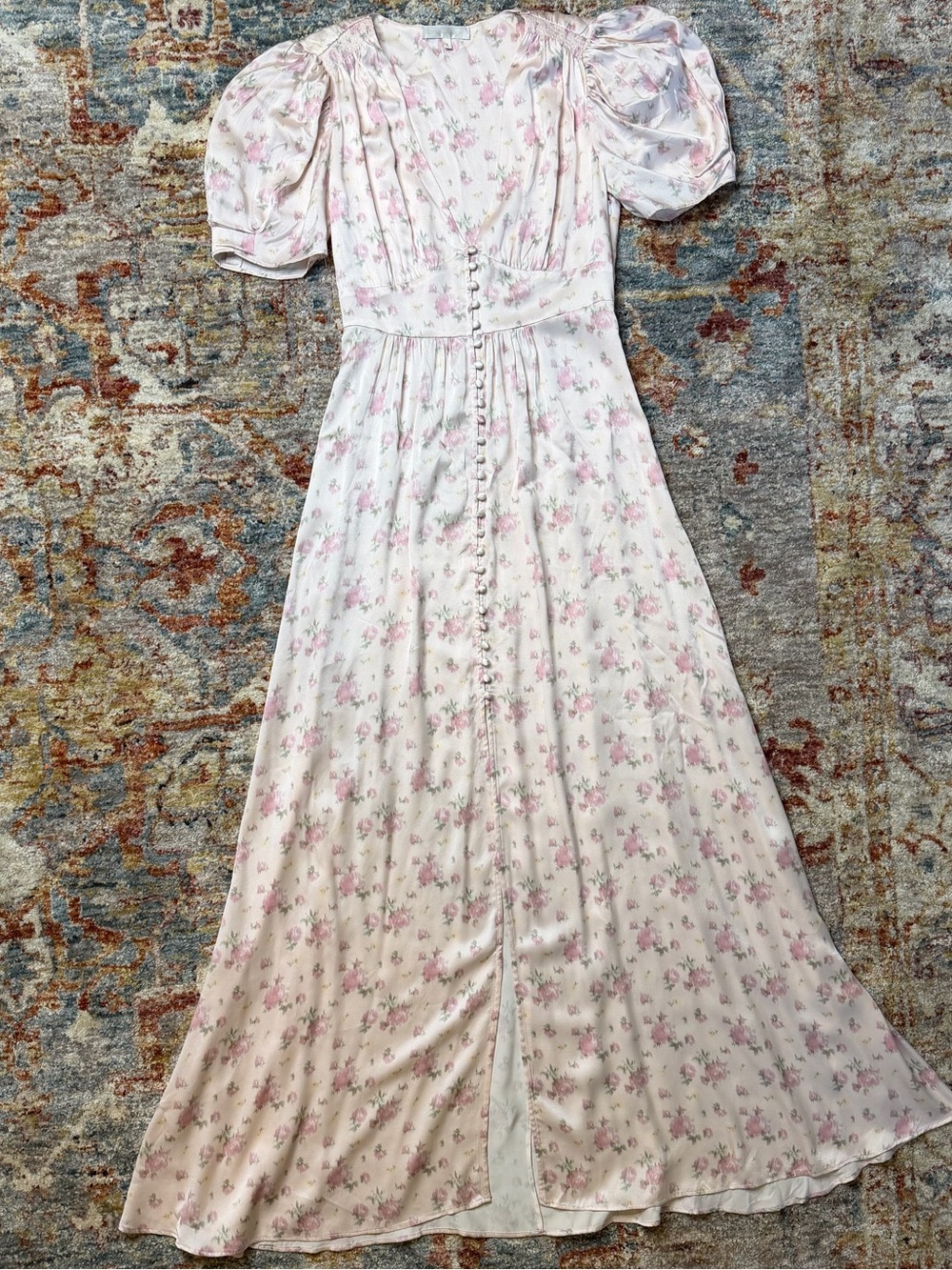 LoveShackFancy Blush Pink Floral Button-Front Maxi Dress